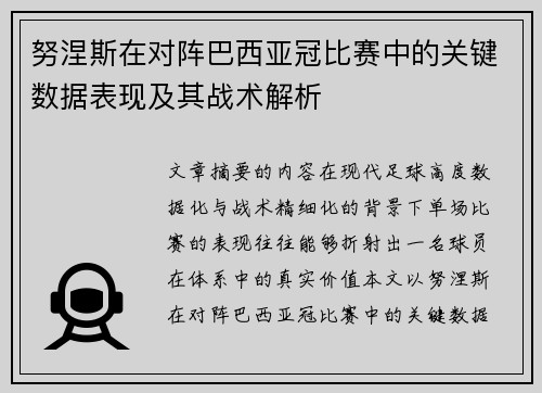 努涅斯在对阵巴西亚冠比赛中的关键数据表现及其战术解析