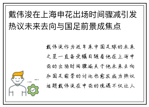 戴伟浚在上海申花出场时间骤减引发热议未来去向与国足前景成焦点