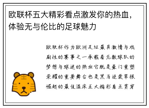 欧联杯五大精彩看点激发你的热血，体验无与伦比的足球魅力